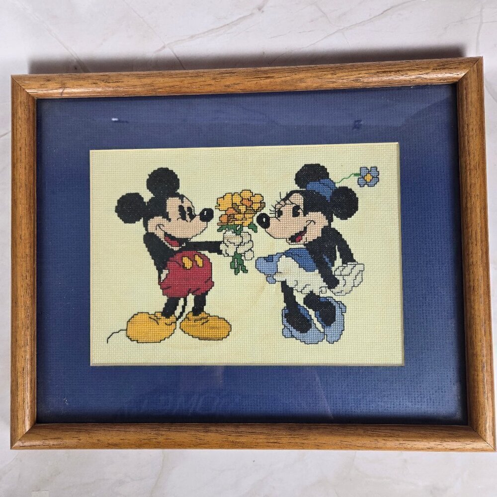 Vintage Disney Mickey & Minnie Mouse Hand Stitch Needlework Brown Wooden Framed